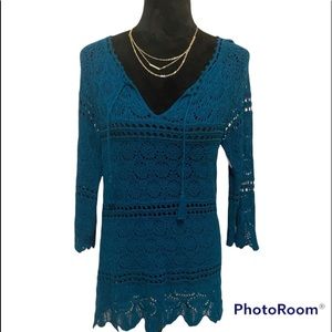 Lucky Brand size Med. gorgeous crochet top. This color is amazing! So Blue!!